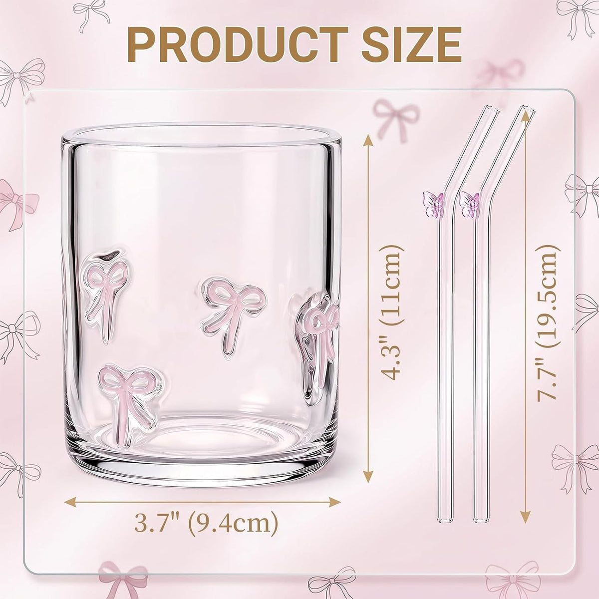 Goaste 2 Pack Cute 3D Pink Bow Glass Cups with Straws, 18oz Clear Coquette Aesthetic Iced Coffee Tumbler, Girly Preppy Drinking Glasses, Birthday Valentine Mug Gifts for Women Teen Girls Girlfriends