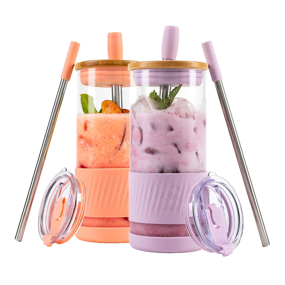 Pandaloo® Glass Cups With Lids and Straws -20 Fl Oz- Perfect Size Iced Coffee Cup - Smoothie Cup With Bamboo Lid and On the go Lid - Glass Tumbler With Straw (1 Count (Pack of 1), Tender Pink)