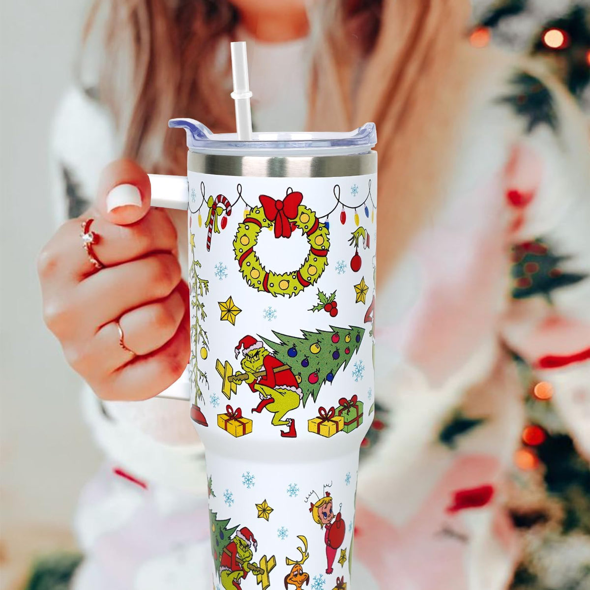 40 oz Christmas Tumbler with Handle Gifts for Girls Daughter Women, Christmas Stainless Steel Insulated Coffee Cups Tumblers with Lids and Straws, White
