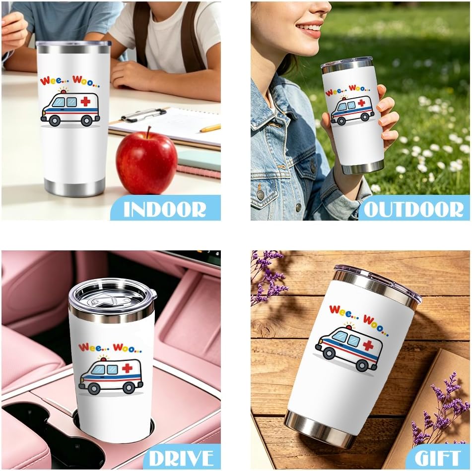 20oz Cartoon Ambulance Tumbler with Straw Funny White Stainless Steel Insulated Travel Mug Leak-proof Keeps Cold or Hot Coffee Tea Water Tumblers Cup Doctor Nurse Gifts for Women Men
