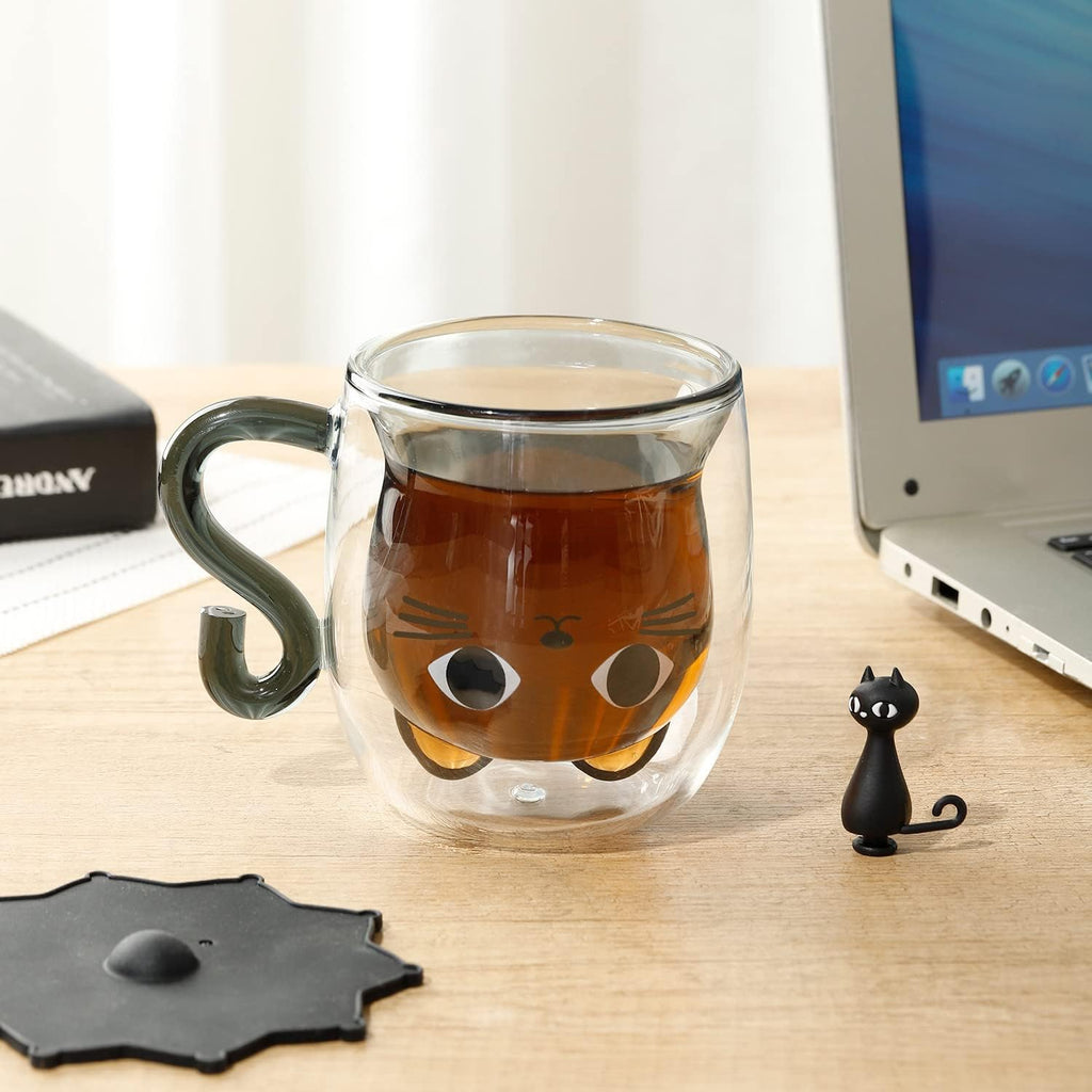 Phitihui Cat Mugs, Double Wall Glass Cute Coffee Tea Cup