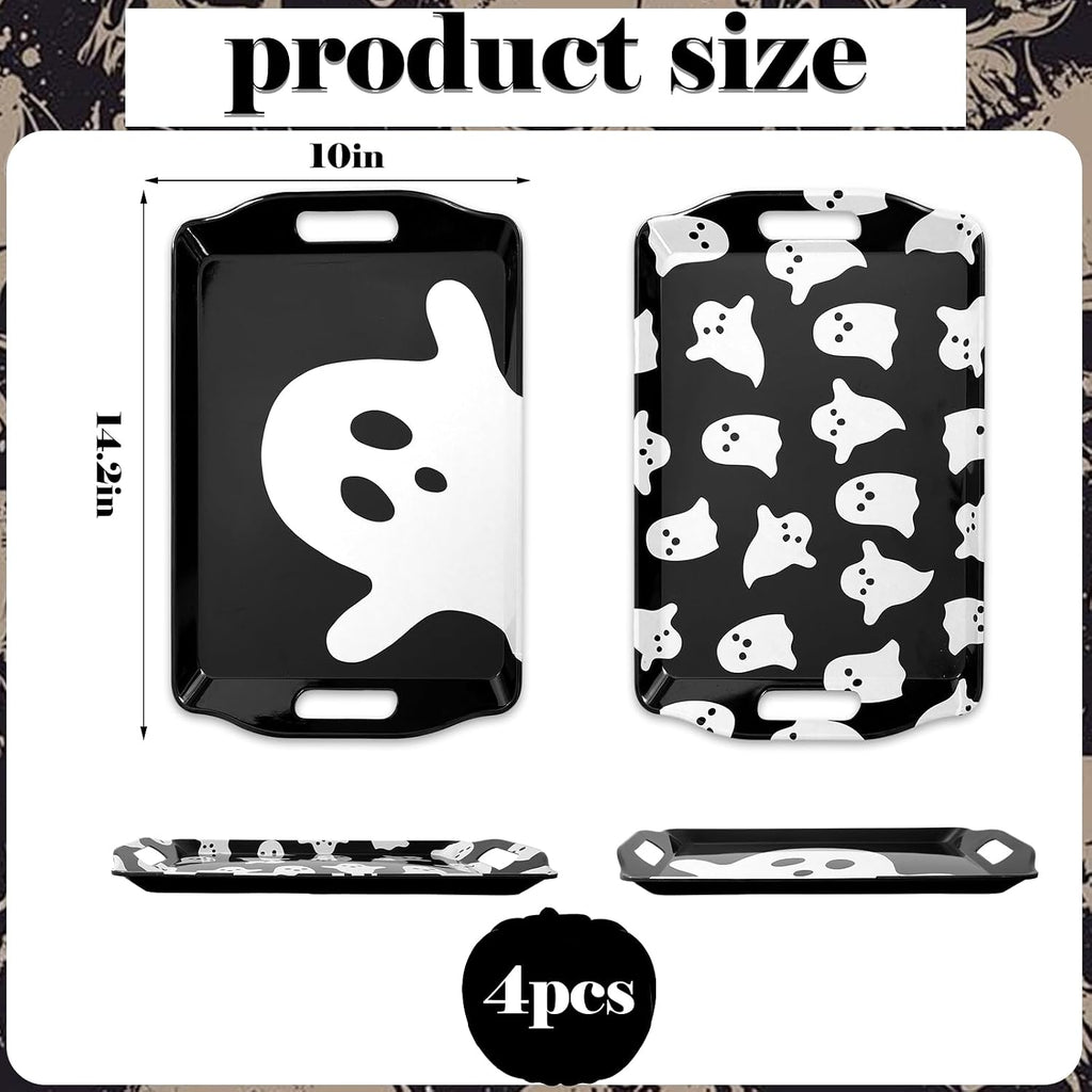 JarThenaAMCS 4 Pcs Halloween Ghost Serving Tray Black White Cute Ghost Handled Melamine Board Trick or Treat Serving Platter for Home Party Food Supplies