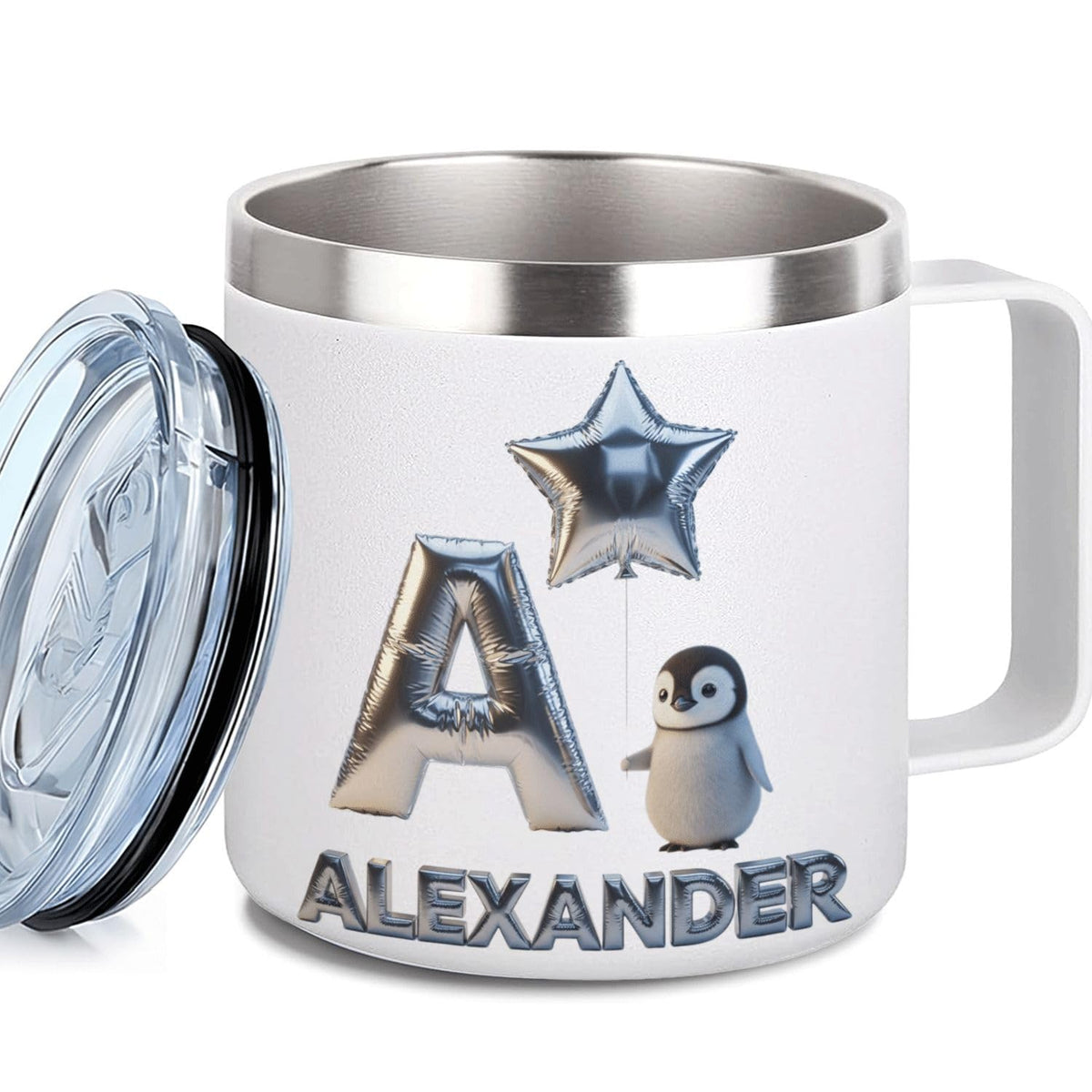 Leo Personalized Kids Mug with Lid, 10 oz Stainless Steel Insulated Camp Cup, Cartoon Lion Tropical Tiki Theme