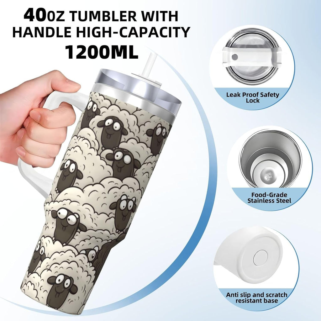 Cartoon Black White Sheep 40 Oz Tumbler With Handle And Straw Stainless Steel Insulated Travel Tumblers Leakproof Travel Coffee Mug Coffe Cup Drink Tumbler Cups Gifts For Women Men Lovers