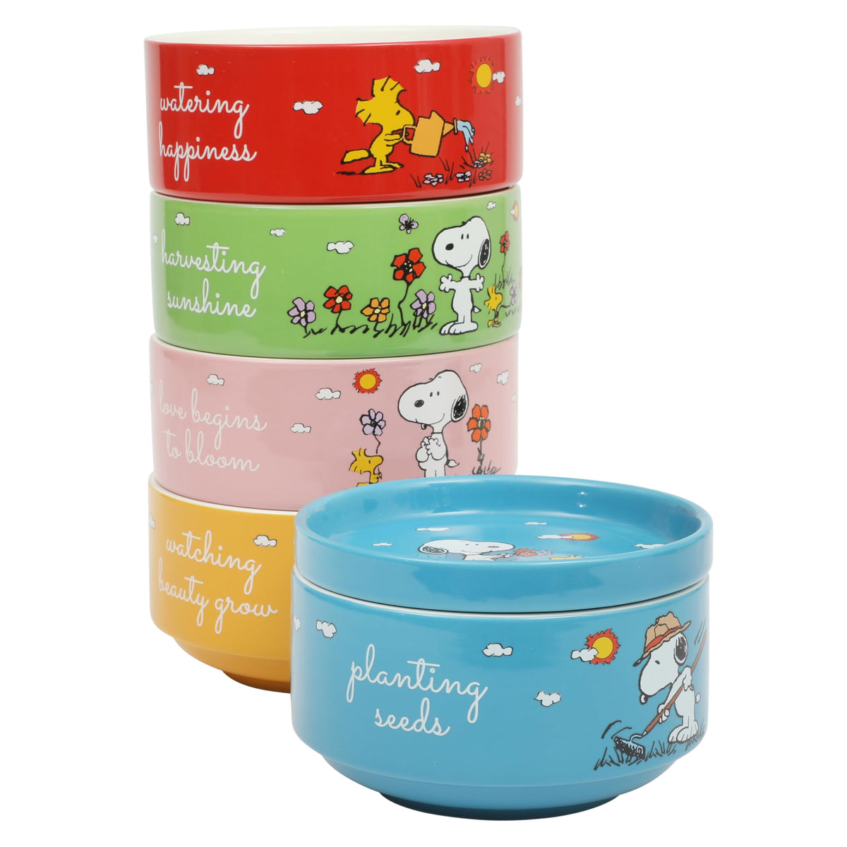Peanuts Snoopy 6-Piece Stackable 5.5-Inch Decorated Stoneware Bowl Set With Matching Plate, Microwave & Dishwasher Safe, Collectible Kitchen Dinnerware