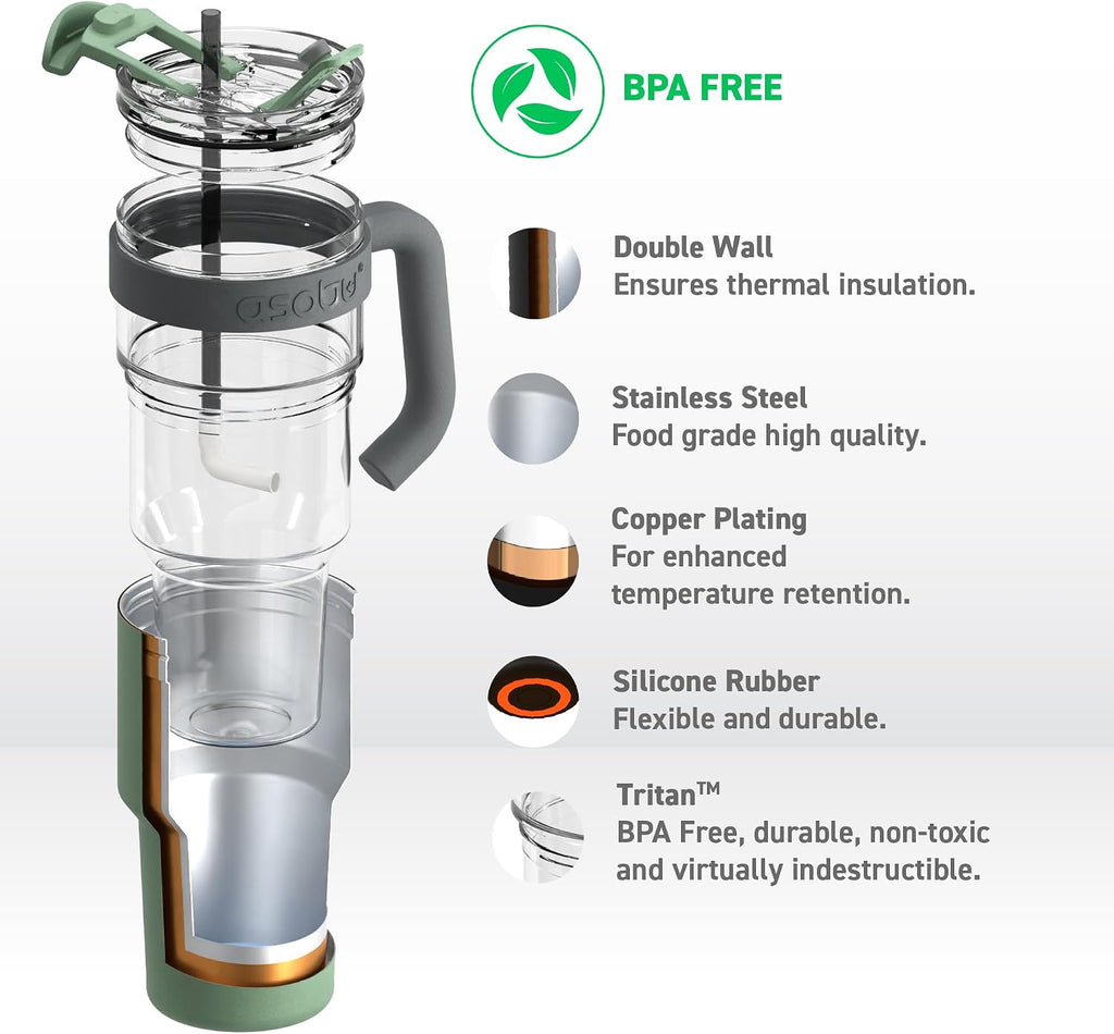 asobu Extra Large Travel Explorer Tumbler for Hot and Cold with Stainless Steel Removable Coffee Mug Sleeve - Straw and Flip Open Sip Spout, 34 oz / 25 oz (Basil Green)