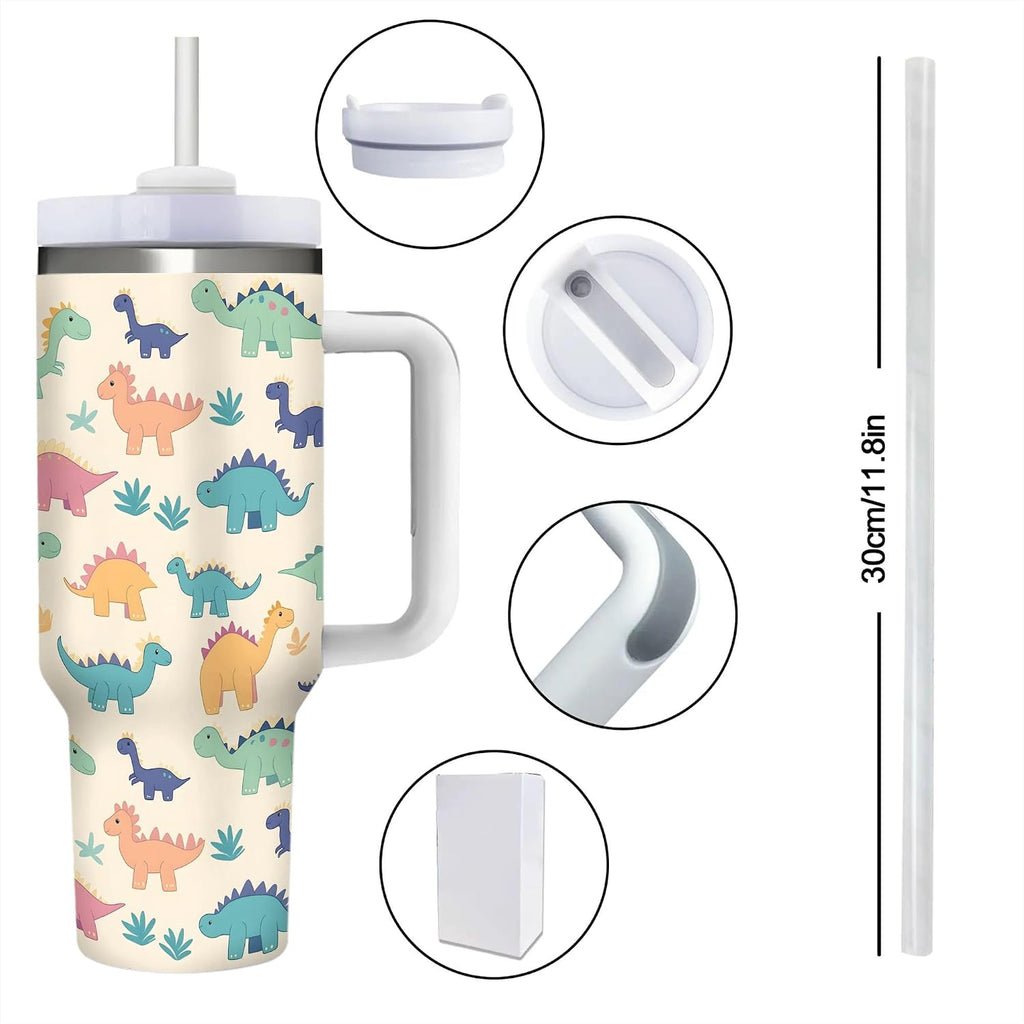 40oz Cute Dinosaurs Tumbler with Handle, Double Wall Stainless Steel Travel Coffee Mug with Straw Lid, Cartoon Insulated Cooling Cup for Christmas Birthday Gifts (Printed in US)