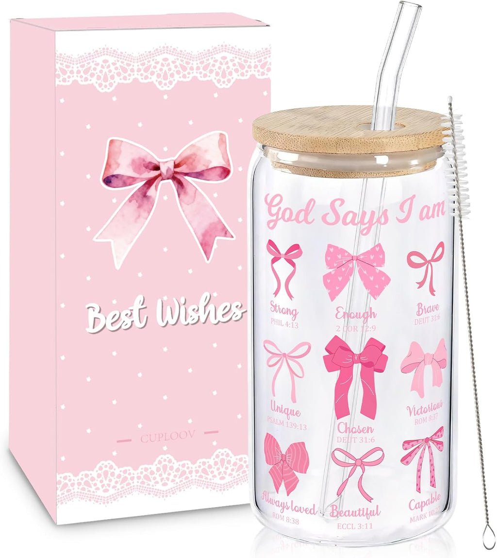 Christian Gifts For Women Girls Pink Bow Glass Cup with Lid and Straw
