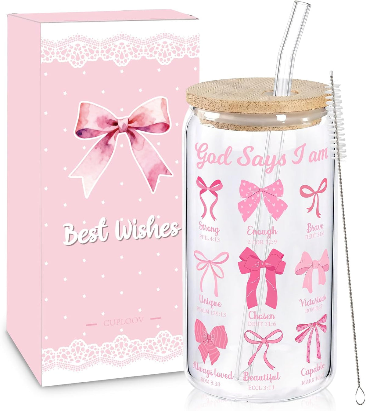 Christian Gifts For Women Girls Pink Bow Glass Cup with Lid and Straw