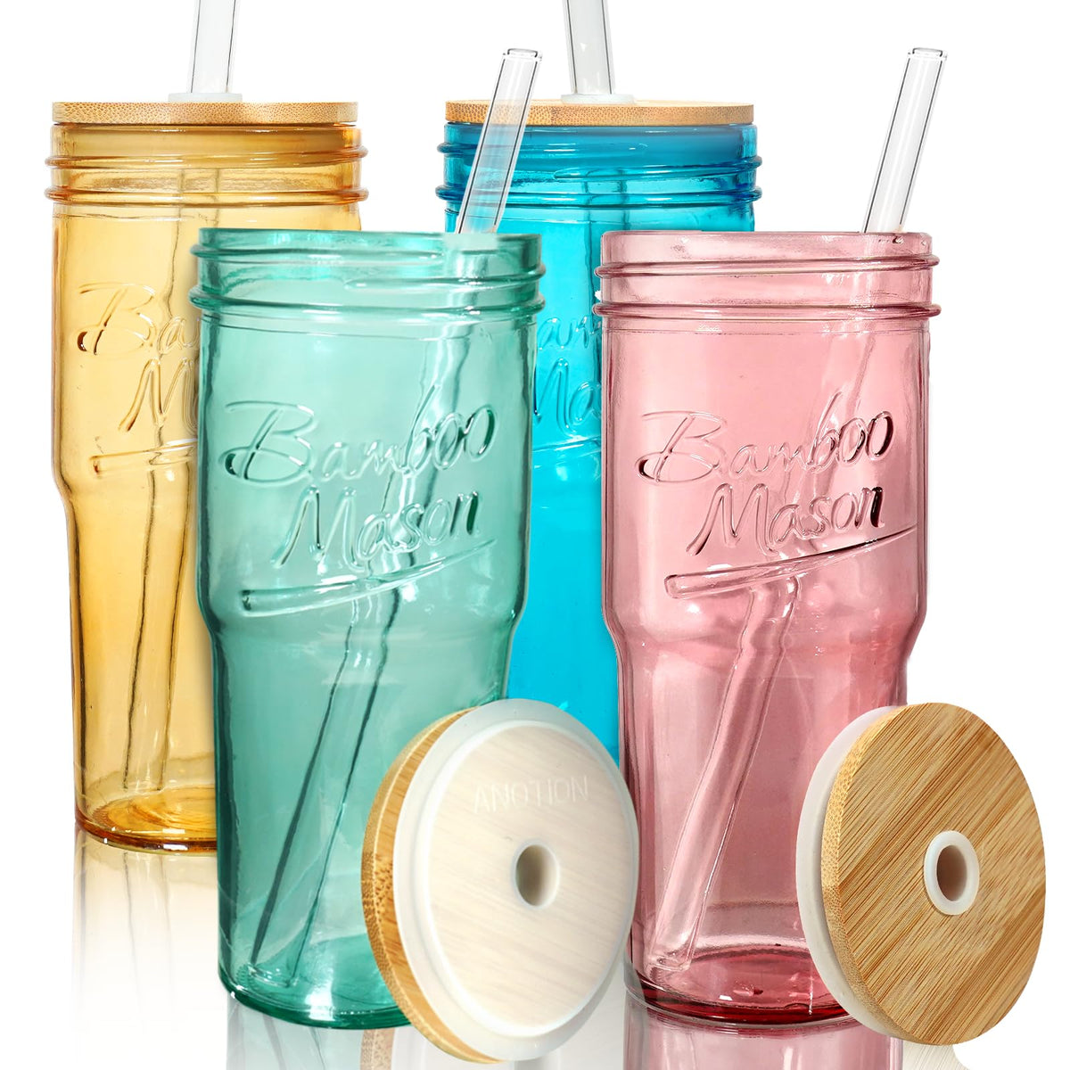 ANOTION Glass Cups with Lids and Straws - 24oz Tumbler with Handle Coffee Cups Glass Straws Glasses Mason Jar Cups Drinking Set Kitchen Essentials Coffee Bar Accessories House Warming Gifts New Home