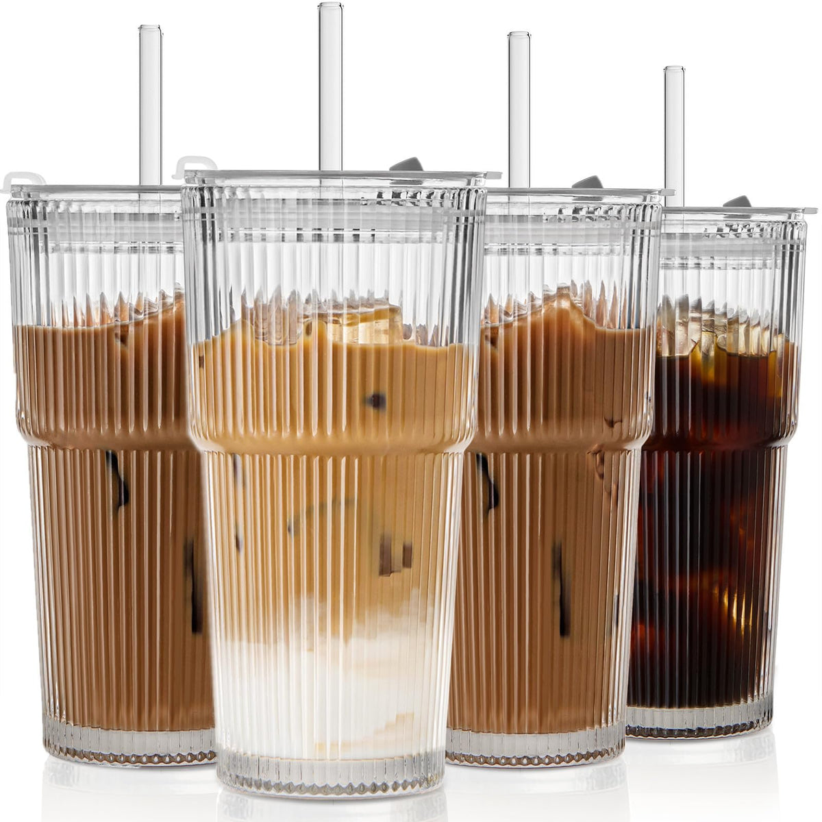 TUZAZO 4 Pack 20oz Ribbed Glass Tumblers with Lids and Straws