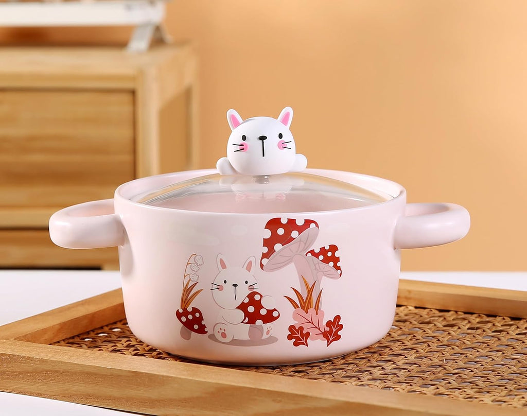 Urban Tokyo Cute Cartoon Characters Porcelain Ramen Noodle Bowl with Glass Lid 30 fl oz Bowl With Side Handles For Udong, Pho, Tomyum Ramen Noodle (Bear)