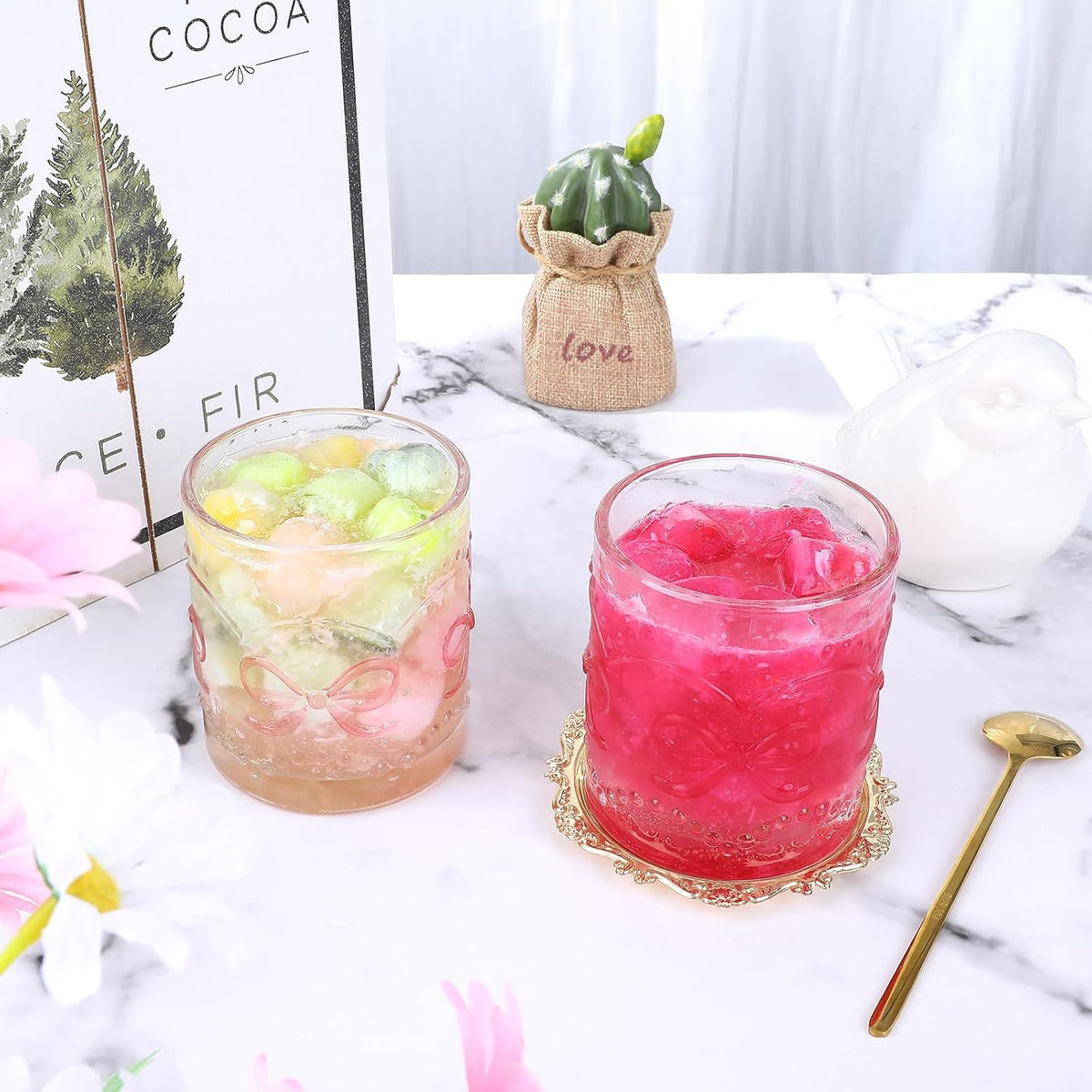 11OZ Ribbed Glass Coffee Cups Set of 6, Vintage French-Style Glasses with Delicate Pink Bow and Dot Relief, Elegant and Durable Glassware for Hot and Cold Beverages, Thick-Bottomed and Dishwasher Safe