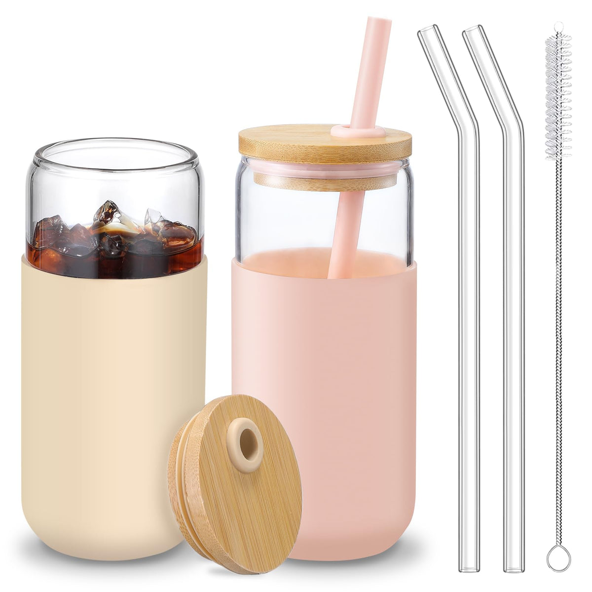 20oz Glass Water Tumbler with Silicone Protective Sleeve - Beer Shaped Glass Cups with Straw and Bamboo Lid, Iced Coffee Glasses, Cute Drinking Glasses for, Water Smoothie, Boba Tea, Gift - Pink