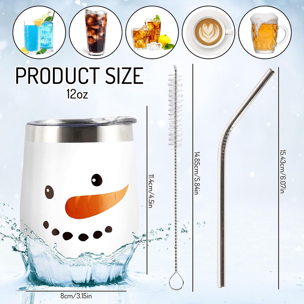 Whaline 2 Pcs Christmas Stainless Steel Wine Tumbler 12 oz Xmas Winter Snowman Insulated Coffee Cups Tumbler Mug with Lid and Straw for Women Girlfriend Besties Wife Lover Spouse Gifts