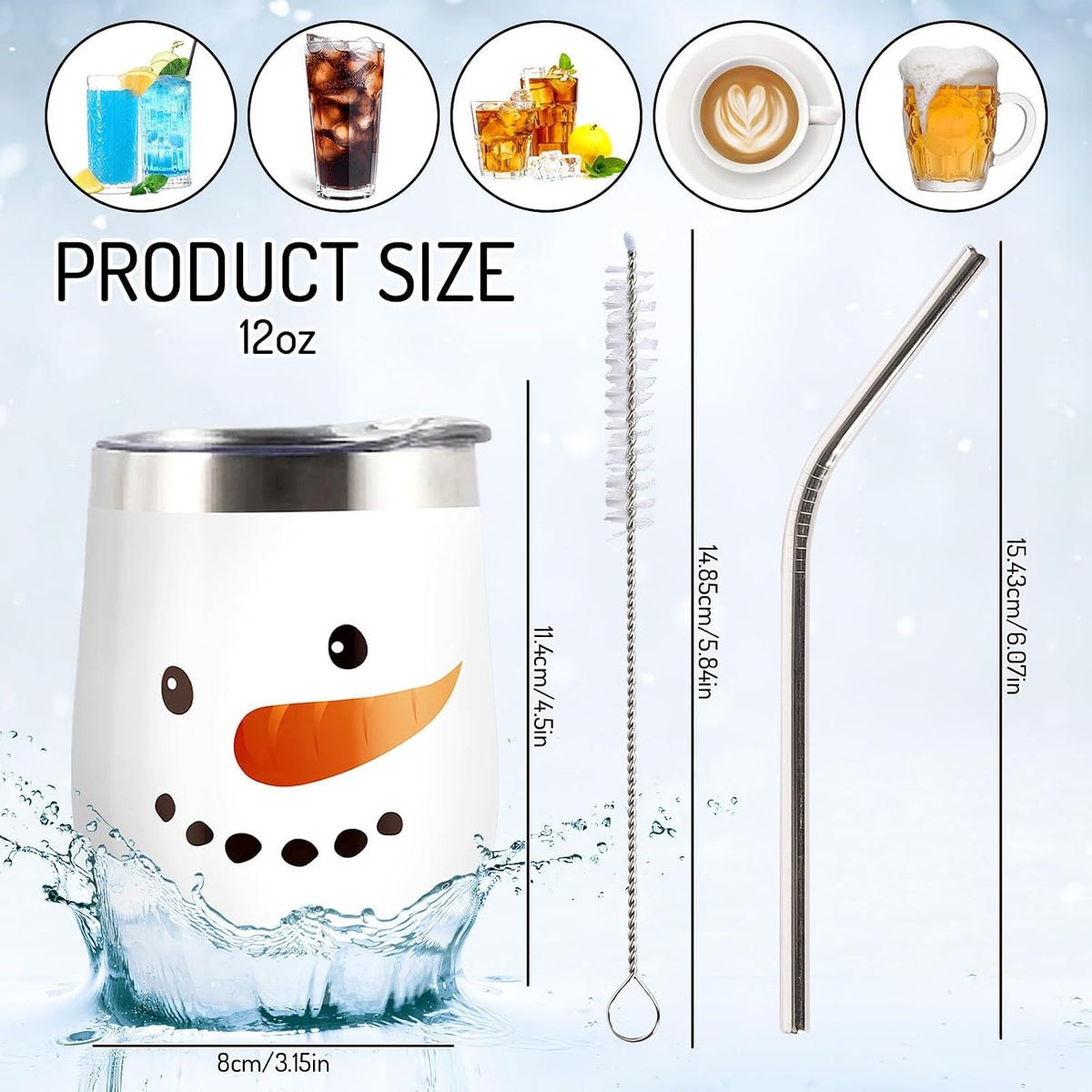 Whaline 2 Pcs Christmas Stainless Steel Wine Tumbler 12 oz Xmas Winter Snowman Insulated Coffee Cups Tumbler Mug with Lid and Straw for Women Girlfriend Besties Wife Lover Spouse Gifts