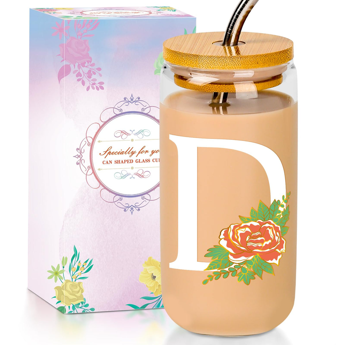 16 Oz Initial Glass Cup with Lid and Straw Personalized Color-Changing
