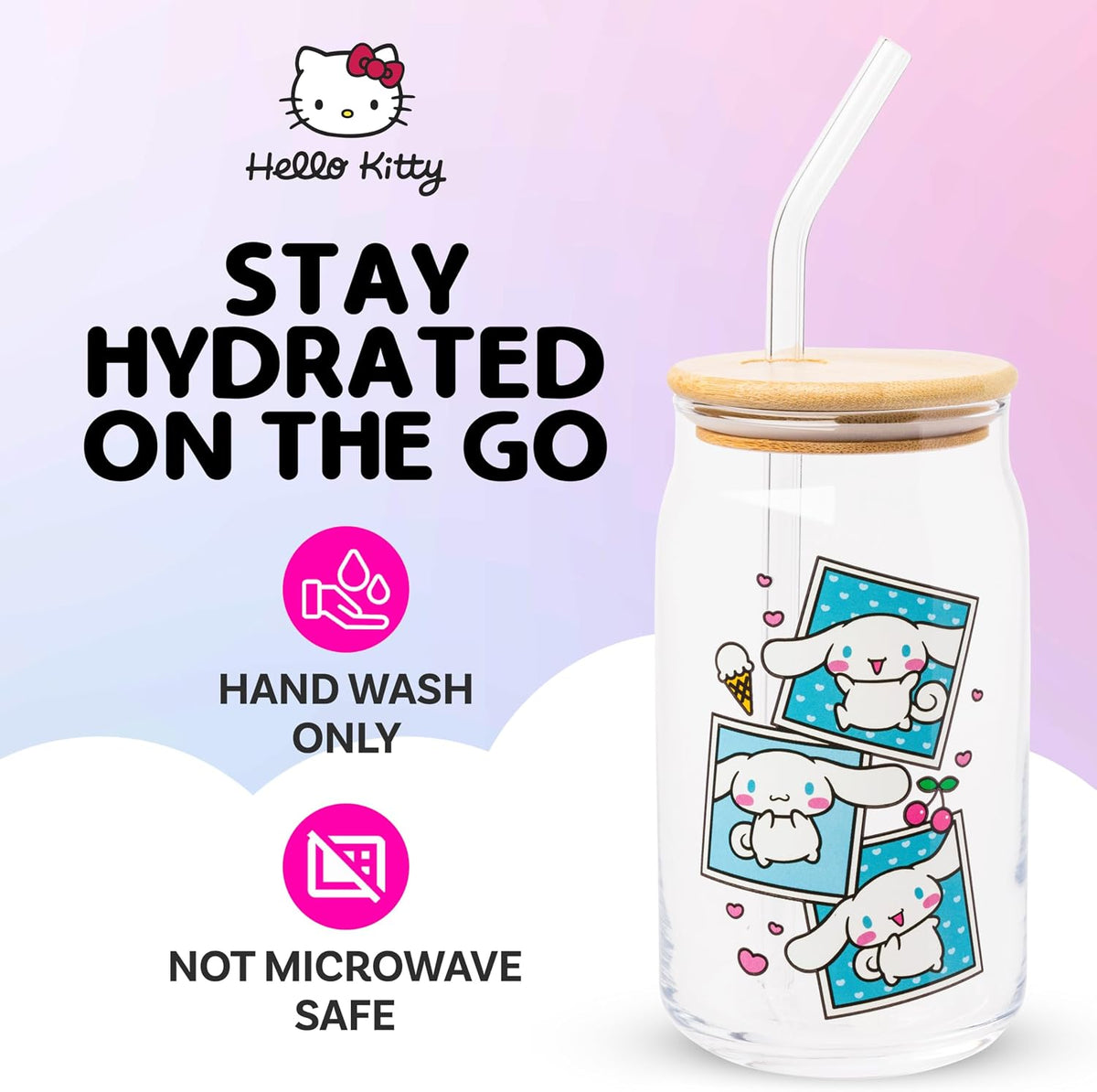 Silver Buffalo Sanrio Cinnamoroll Polaroid, Glass Tumbler, 16oz