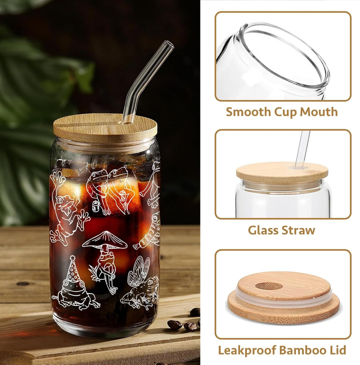Mikopei Frog Gifts for Women, Cute Glass Cups with Lids and Straws, 16 oz