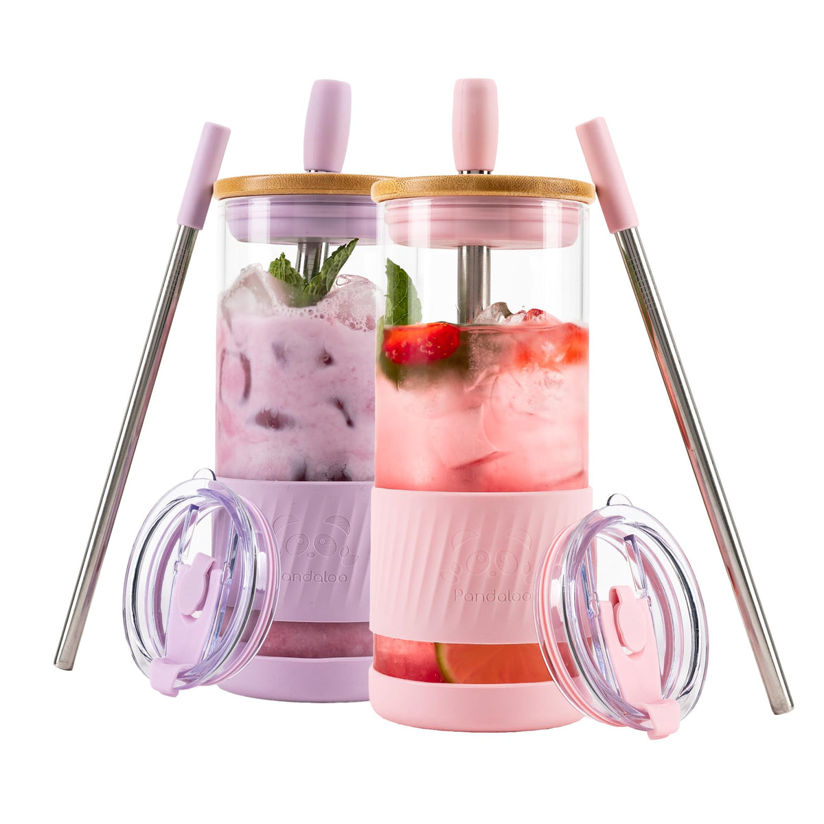 Pandaloo® Glass Cups With Lids and Straws -20 Fl Oz- Perfect Size Iced Coffee Cup - Smoothie Cup With Bamboo Lid and On the go Lid - Glass Tumbler With Straw (1 Count (Pack of 1), Tender Pink)