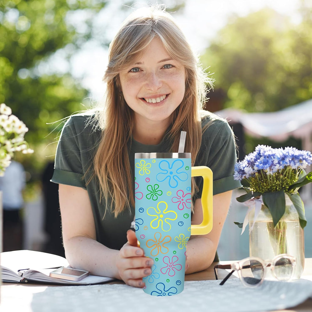 JarThenaAMCS Cartoon Sponge Tumbler with Handle 40oz Flower and Bubbles Tumbler with Lid Straw Blue Yellow Funny Sea Ocean Stainless Steel Cup for Home Office Travel