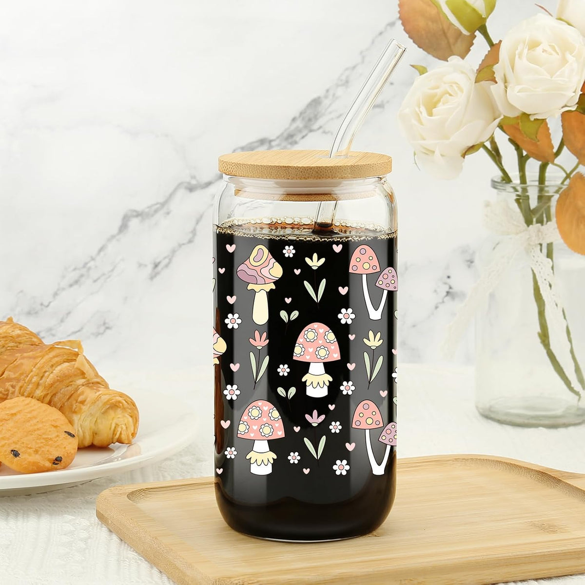 Mushroom Glass Cup with Bamboo Lids Straws, 16oz Retro Hippie Tumbler