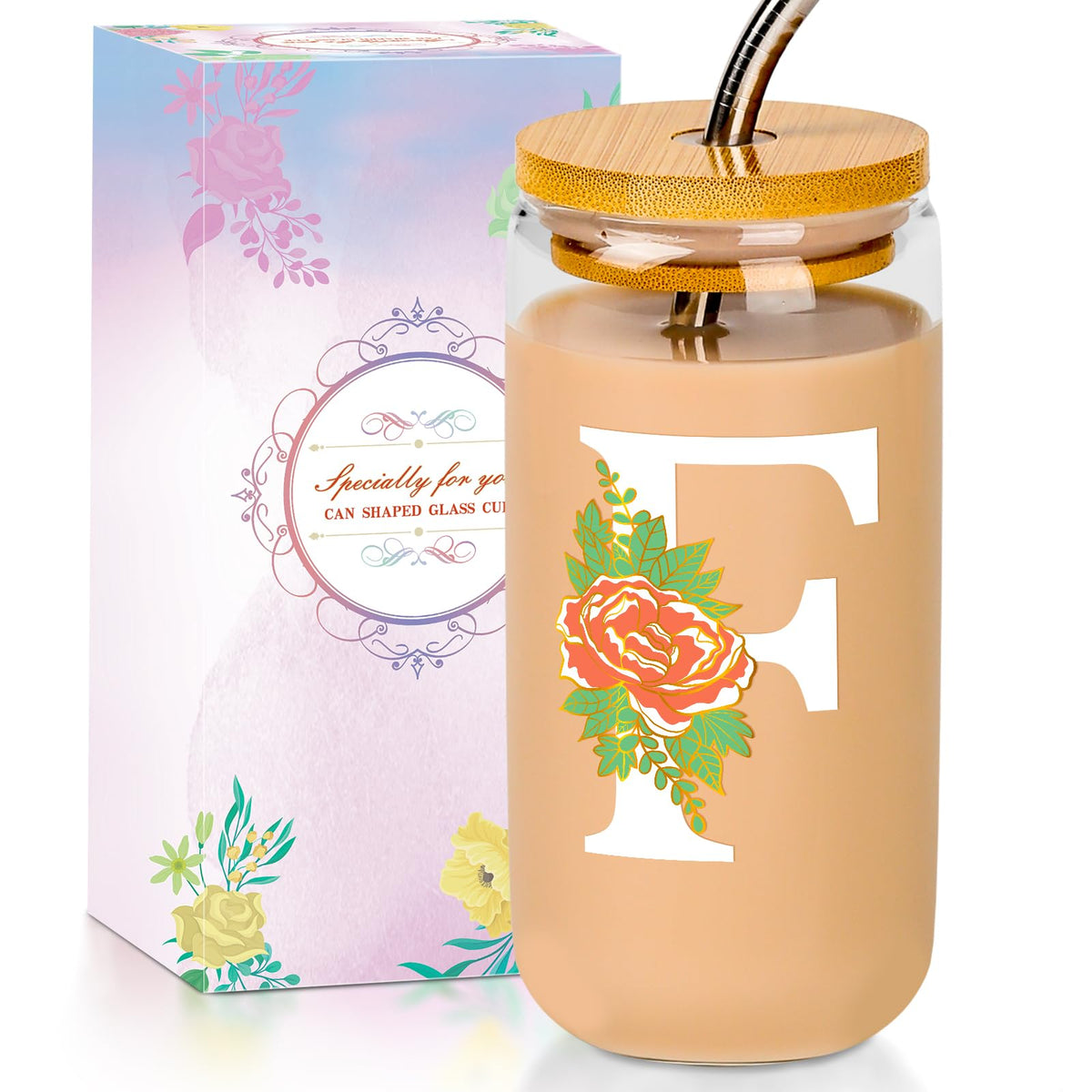16 Oz Initial Glass Cup with Lid and Straw Personalized Color-Changing