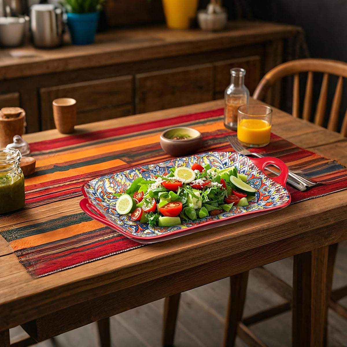 Boho Ceramic Serving Platters with Handles Set of 4, 12Inch Large Serving Dishes for Entertaining, Colorful Cute Porcelain Serving Plates for Sandwich, Appetizer, Fruit, Microwave Oven Safe Mix-color