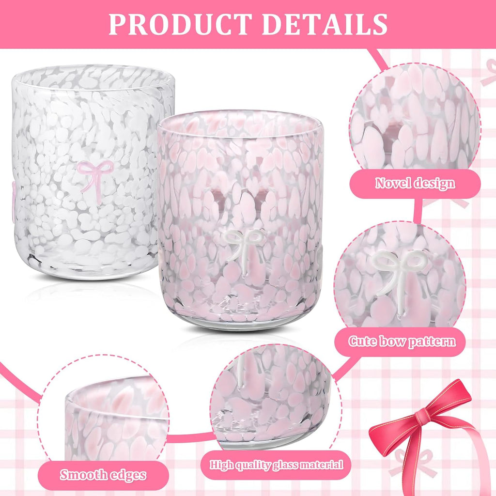 Yoiemivy 2 Pack Bow Icon Juice Glasses Coquette Aesthetic Glass Cups 14 oz Double Old Fashioned Icon Handblown Stemless Wine Glasses Cute Pink Glass Drinking Cups for Party Supplies Gifts