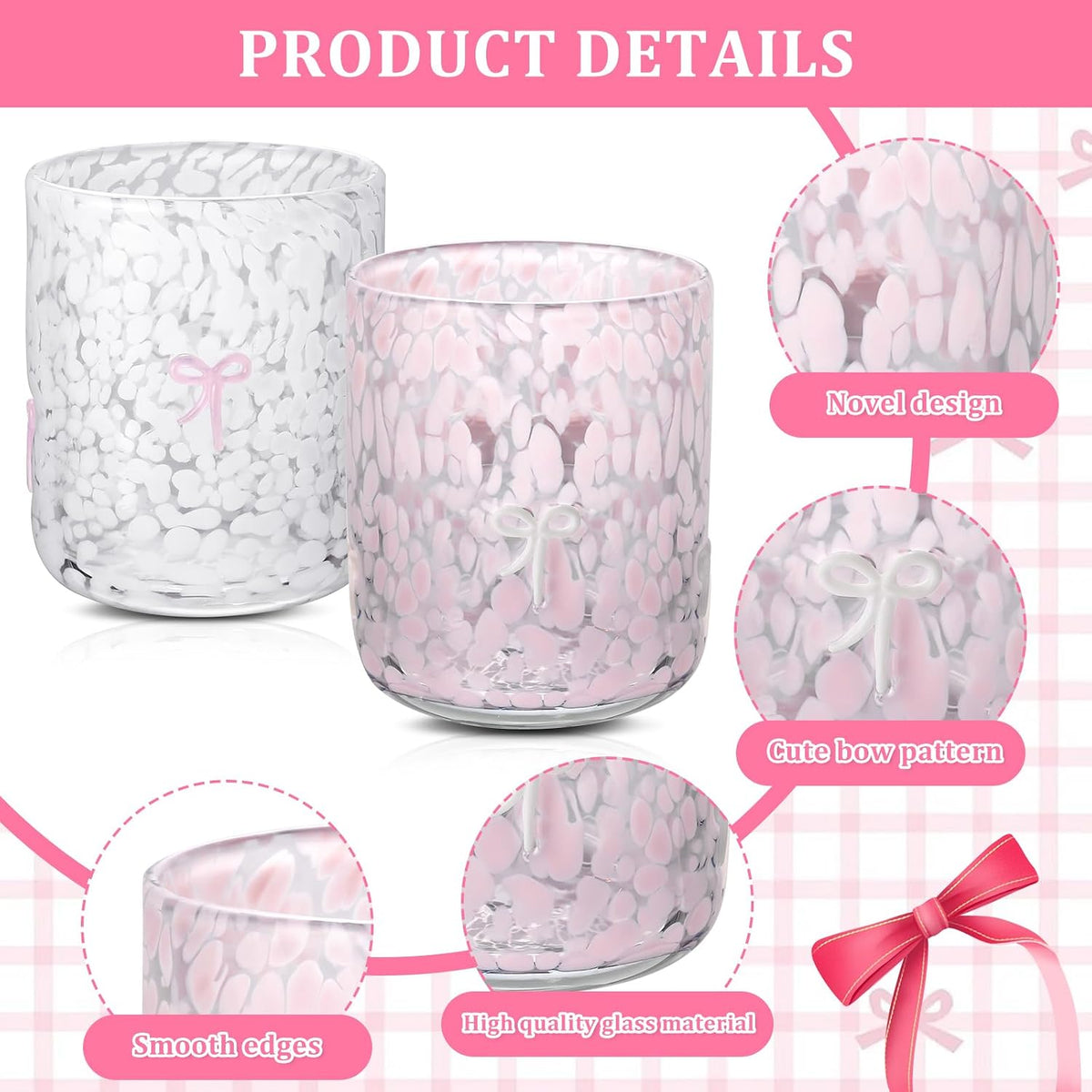 Yoiemivy 2 Pack Bow Icon Juice Glasses Coquette Aesthetic Glass Cups 14 oz Double Old Fashioned Icon Handblown Stemless Wine Glasses Cute Pink Glass Drinking Cups for Party Supplies Gifts