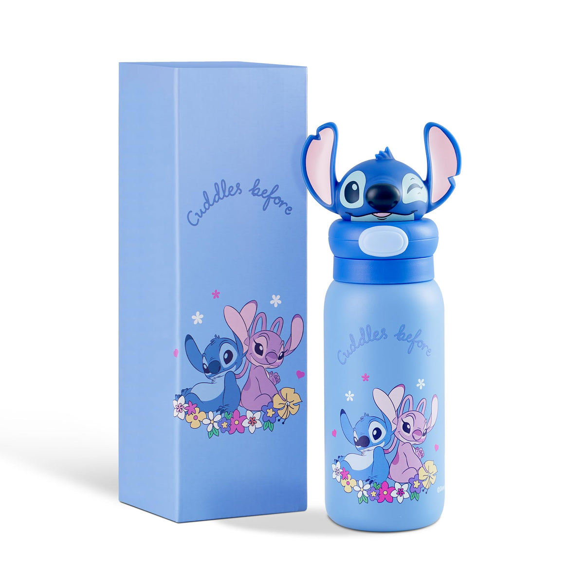 MINISO Disney Stitch Water Bottle, 20oz Lilo&Stitch Insulated Stainless Steel Bottle, Cartoon Vacuum Insulated Tumbler, Leak Proof Flip Top Stitch Cup for Sport Travel Office (Blue)