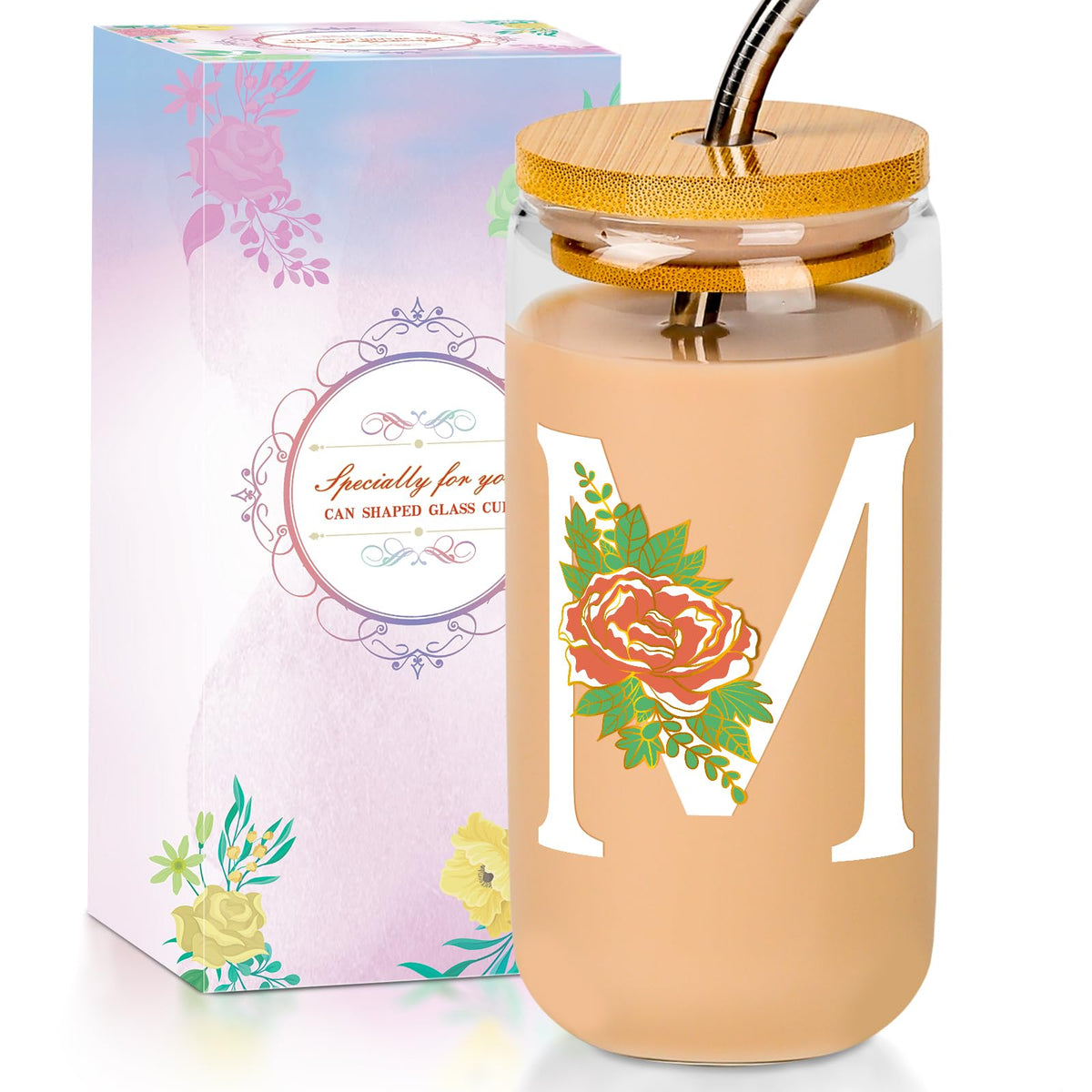 16 Oz Initial Glass Cup with Lid and Straw Personalized Color-Changing