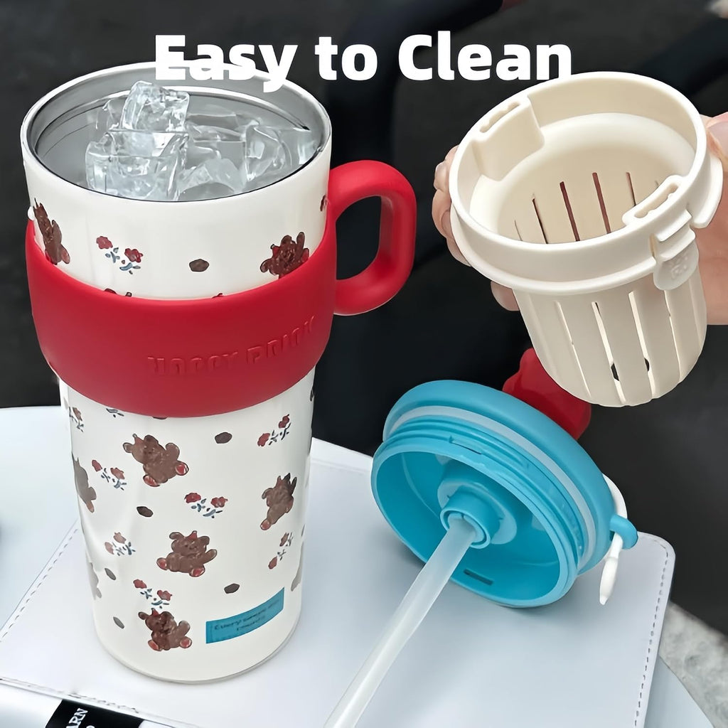 21oz Cute Bear Car Cup with Straw & Cap, Leak-Proof Portable Mug with Tea Strainer, Insulated for Hot/Cold - Ideal for Car, Office, Outdoor (Purple)