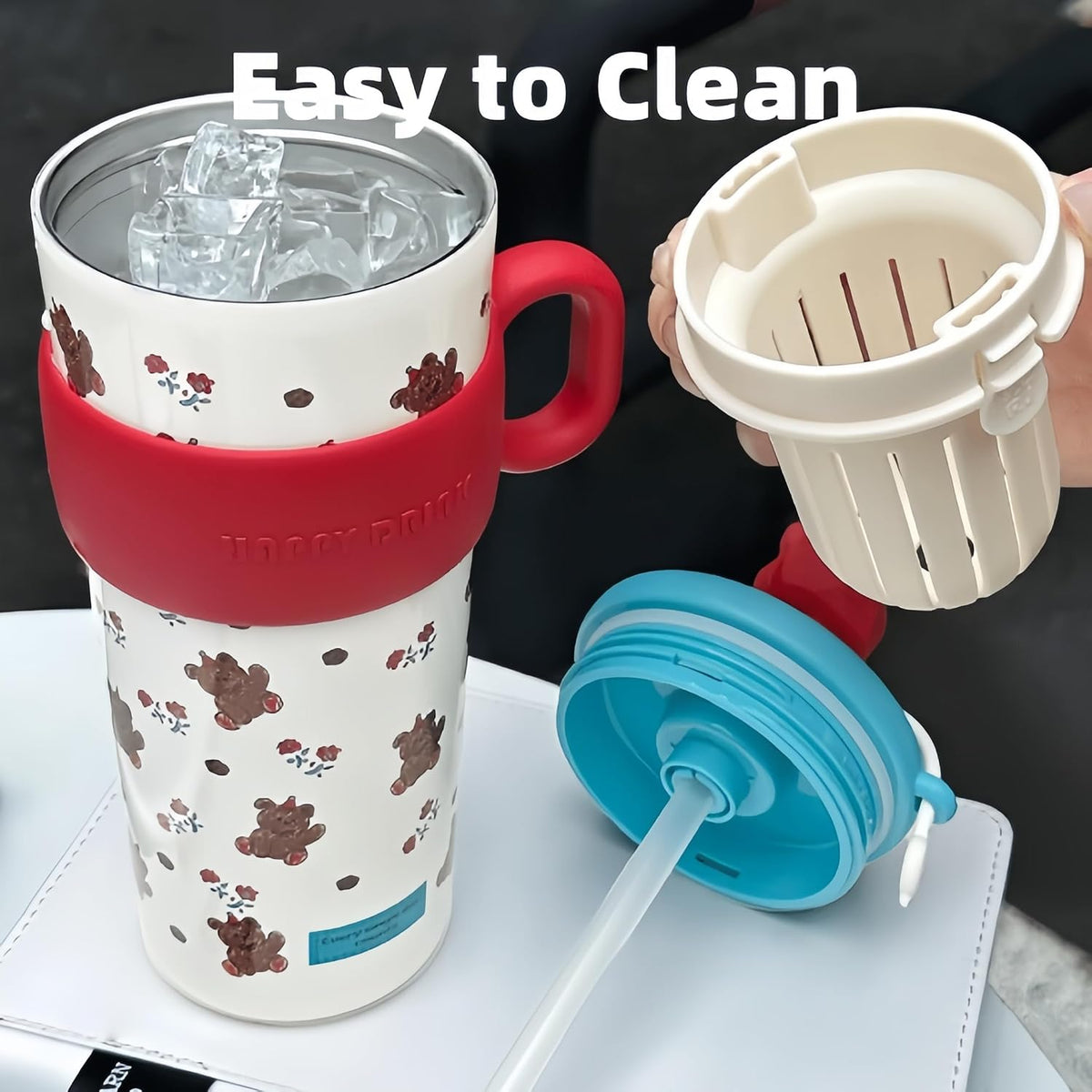 21oz Cute Bear Car Cup with Straw & Cap, Leak-Proof Portable Mug with Tea Strainer, Insulated for Hot/Cold - Ideal for Car, Office, Outdoor (Purple)
