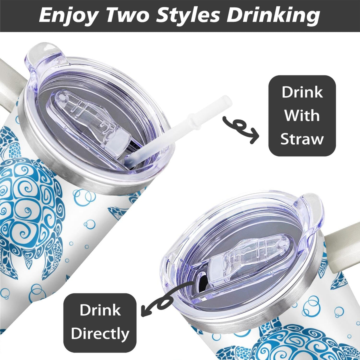 40OZ Sea Turtle Tumbler with Handle and Straw - Hot & Cold Insulated Stainless Steel Double Wall Coffee Mug - Sea Turtle Gift