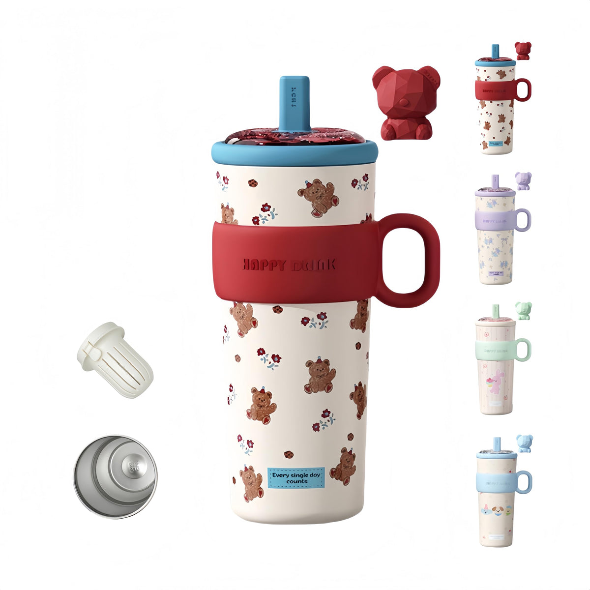 21oz Cute Bear Car Cup with Straw & Cap, Leak-Proof Portable Mug with Tea Strainer, Insulated for Hot/Cold - Ideal for Car, Office, Outdoor (Purple)