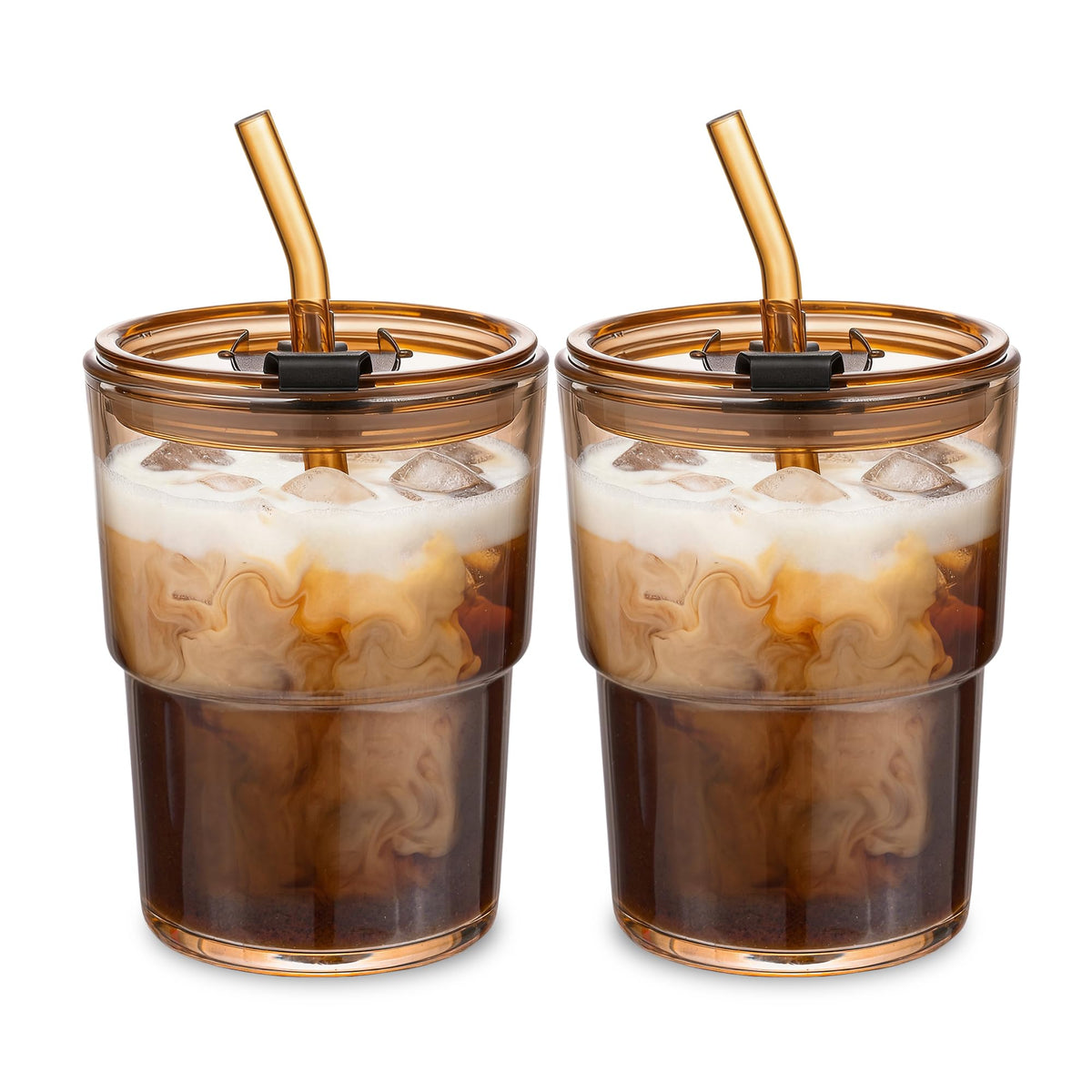 Iced Coffee Cups, 13oz Glass Tumbler with Lid and Straw, Leakproof To-Go Glass Cups Fits Car Cup Holder, Reusable Matcha Cup for Iced Coffee, Cold Brew and Tea