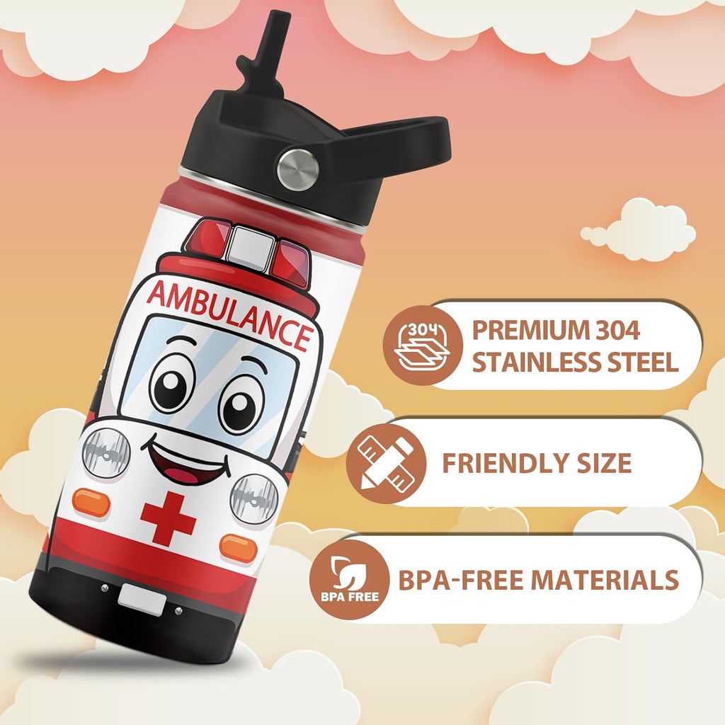 Cute Ambulance Car Water Bottle, 16 oz Water Bottles with Straw Lid