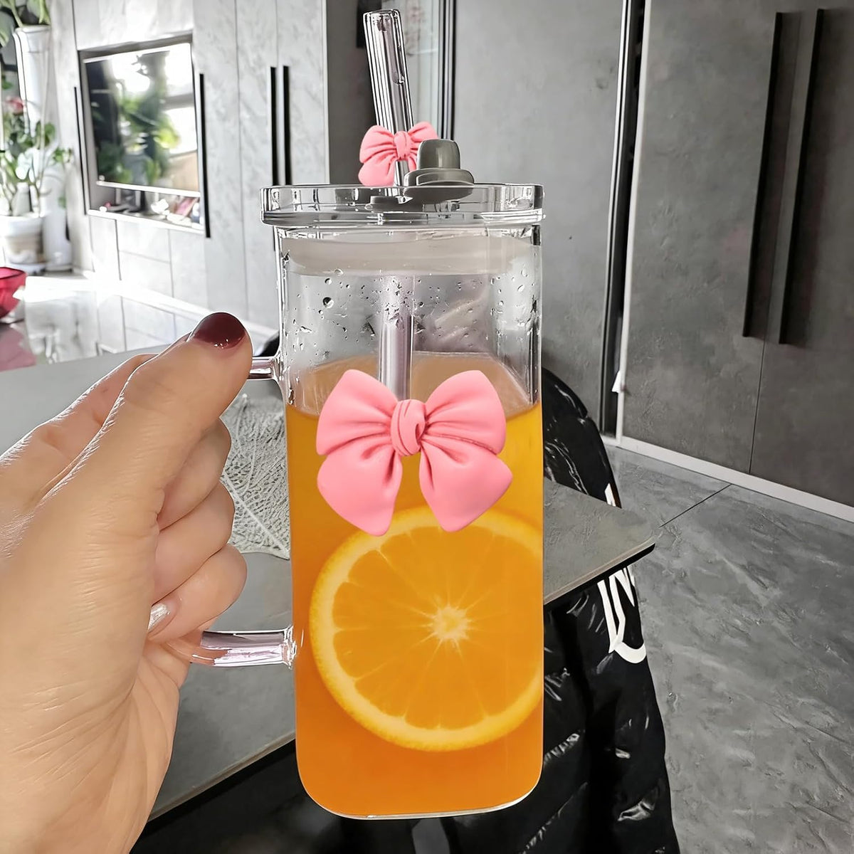 13Oz Square Glass Cups with Lids and Straws Cute Glass Tumbler with Handle