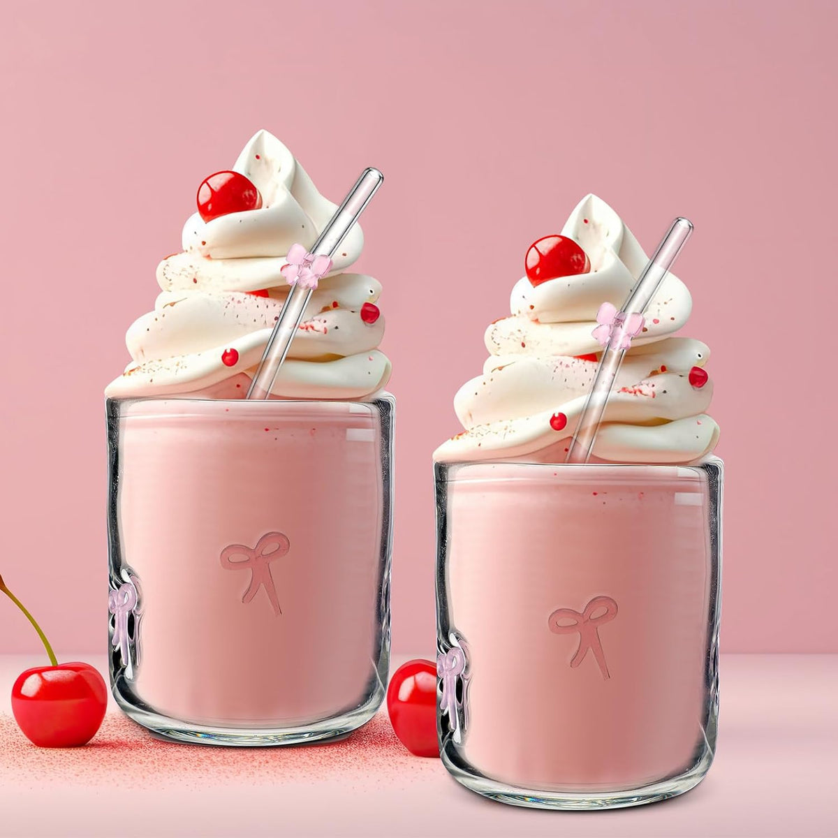 Skylety 2 Set Pink Bow Icon Juice Glasses, 14 oz Cocktail Cups with Straws