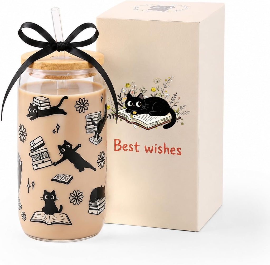 KORHONEN Cute Cat Gifts for Women, Halloween Black Cat Book Lover Glass Cup