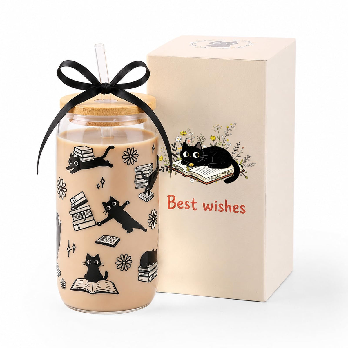 KORHONEN Cute Cat Gifts for Women, Halloween Black Cat Book Lover Glass Cup