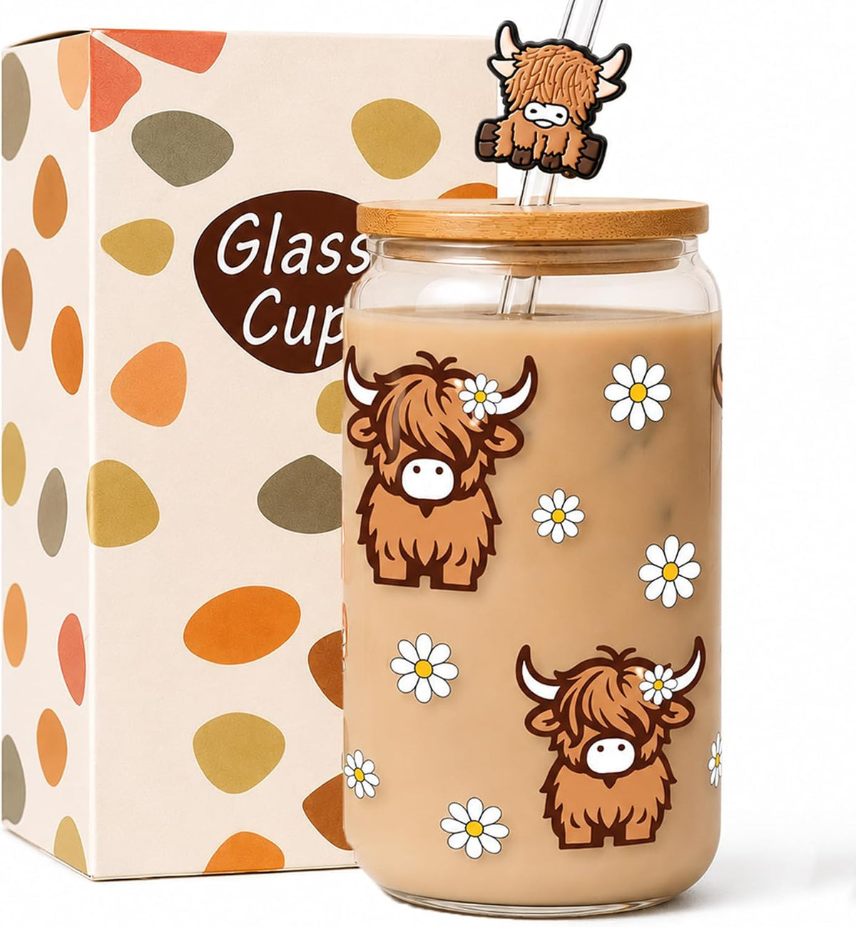 Highland Cows Gifts for Women - Glass Cup with Lid and Straw 16oz