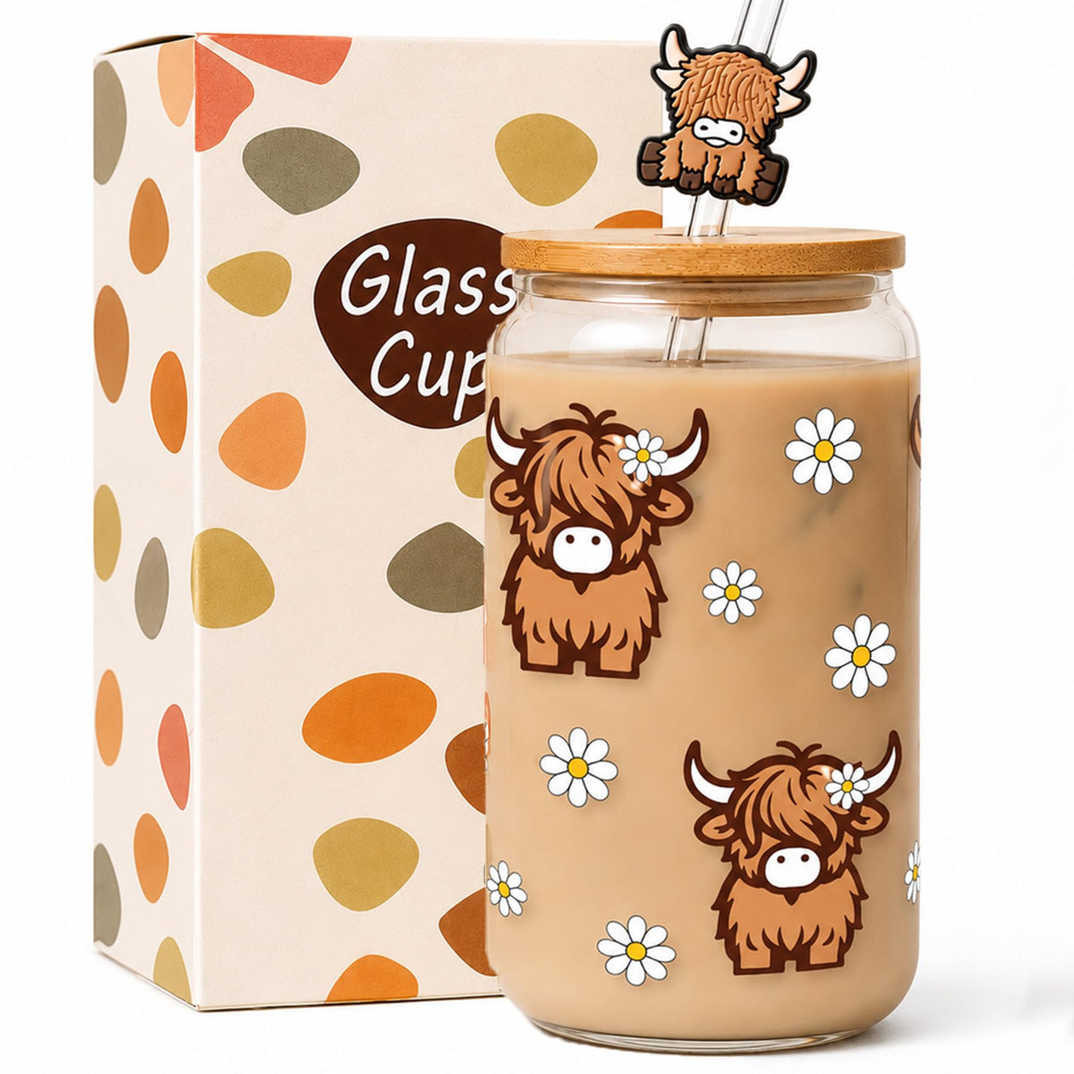 Highland Cows Gifts for Women - Glass Cup with Lid and Straw 16oz