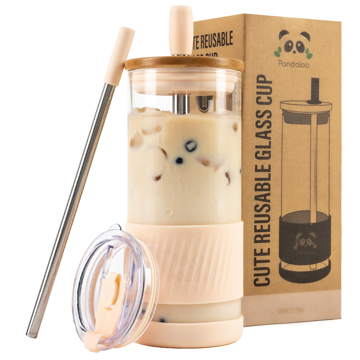Pandaloo® Glass Cups With Lids and Straws -20 Fl Oz- Perfect Size Iced Coffee Cup - Smoothie Cup With Bamboo Lid and On the go Lid - Glass Tumbler With Straw (1 Count (Pack of 1), Tender Pink)