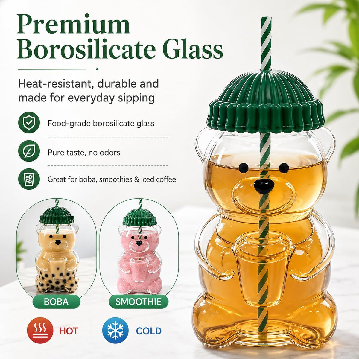 Cute Bear Glass Tumbler with Lid and Straw, 20 oz, Green