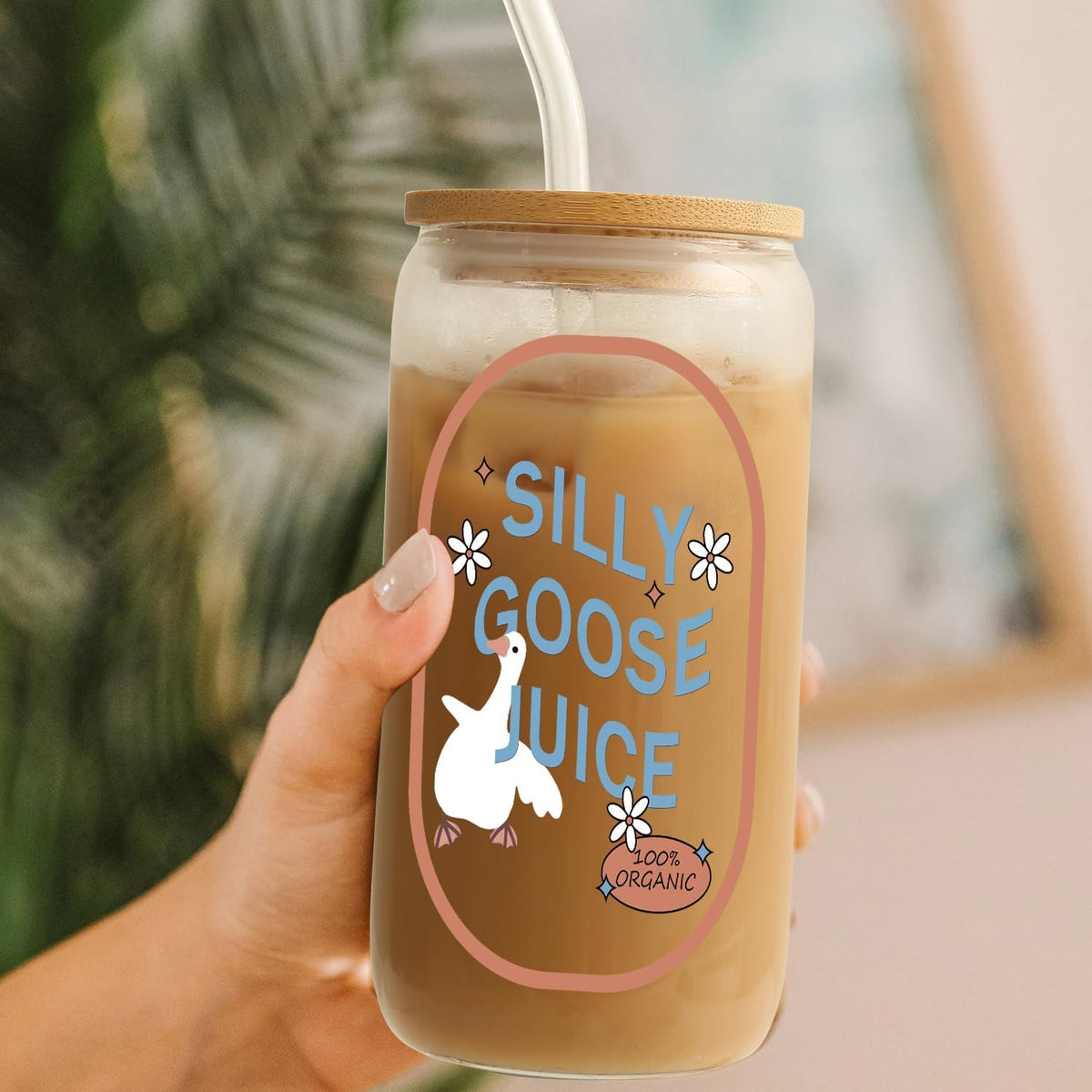 Cute Silly Goose Glass Cup with Lids & Straw 16oz, Ice Coffee Drink Tumbler