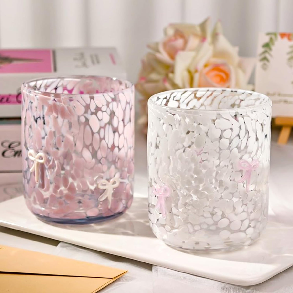 Yoiemivy 2 Pack Bow Icon Juice Glasses Coquette Aesthetic Glass Cups 14 oz Double Old Fashioned Icon Handblown Stemless Wine Glasses Cute Pink Glass Drinking Cups for Party Supplies Gifts