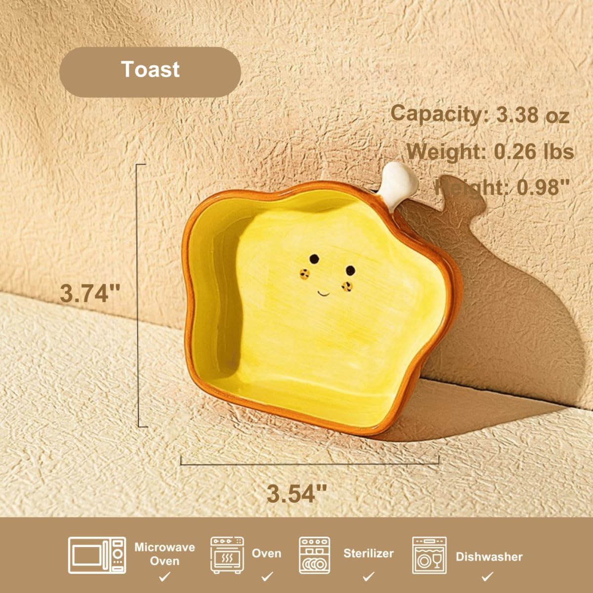 Ceramic Toast-Shaped Mini Dip Plate - Cute Appetizer Dish for Sushi, Dips, Condiments & Party Snacks - Oven & Dishwasher Safe (3.7" L x 3.5" W)