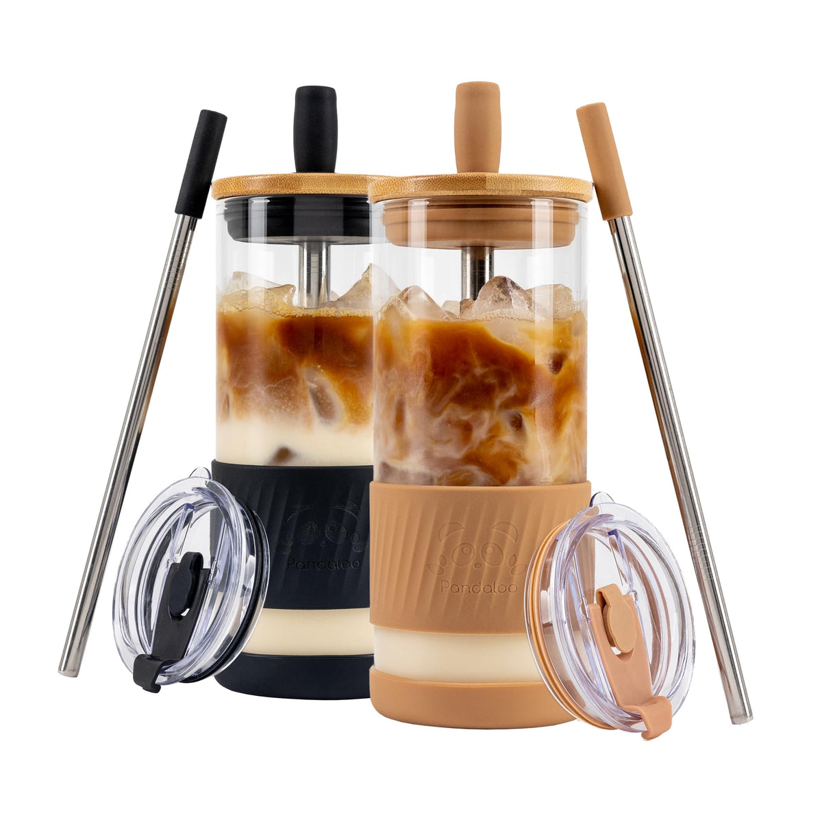 Pandaloo® Glass Cups With Lids and Straws -20 Fl Oz- Perfect Size Iced Coffee Cup - Smoothie Cup With Bamboo Lid and On the go Lid - Glass Tumbler With Straw (1 Count (Pack of 1), Tender Pink)